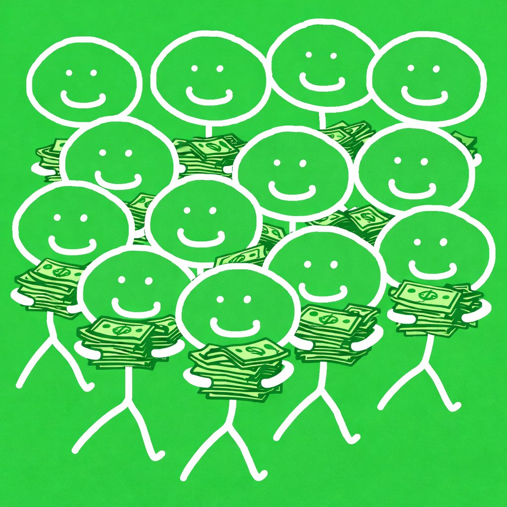 A crowd of Average Joe stick figures holding stacks of money